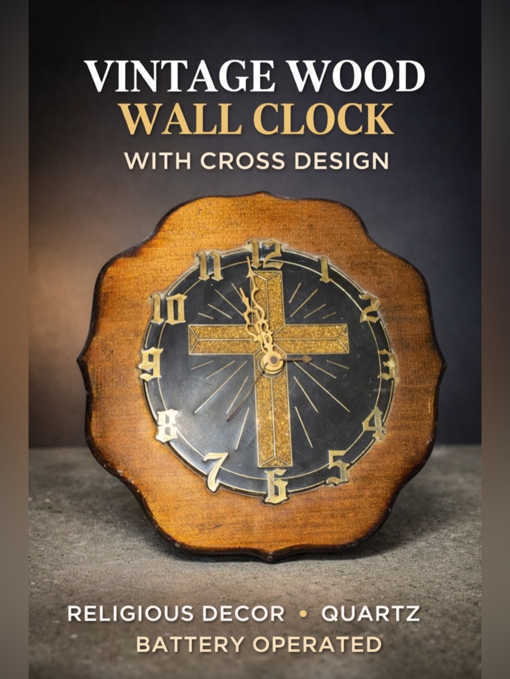 Vintage Wooden Wall Clock w/ Cross Design Gold and Black Religious Quartz Clock